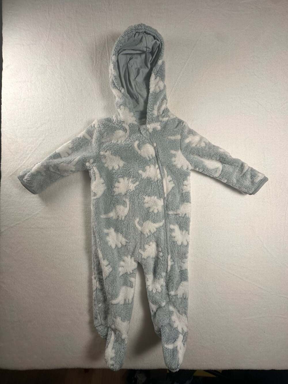Little Beginnings Blue and White Dinosaur Fleece Hooded Footed Jumpsuit